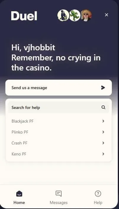 Окно входа и поддержки в Duel Casino: вход в личный кабинет и чат с оператором